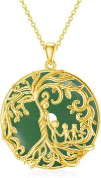 wholesale Gold-Plated 925 Sterling Silver Green Jade Family Tree Pendant Necklace for Women-2B-Mother 3 Children-Gold-Green Jade-2B-Mother 3 Children-Gold-Green Jade