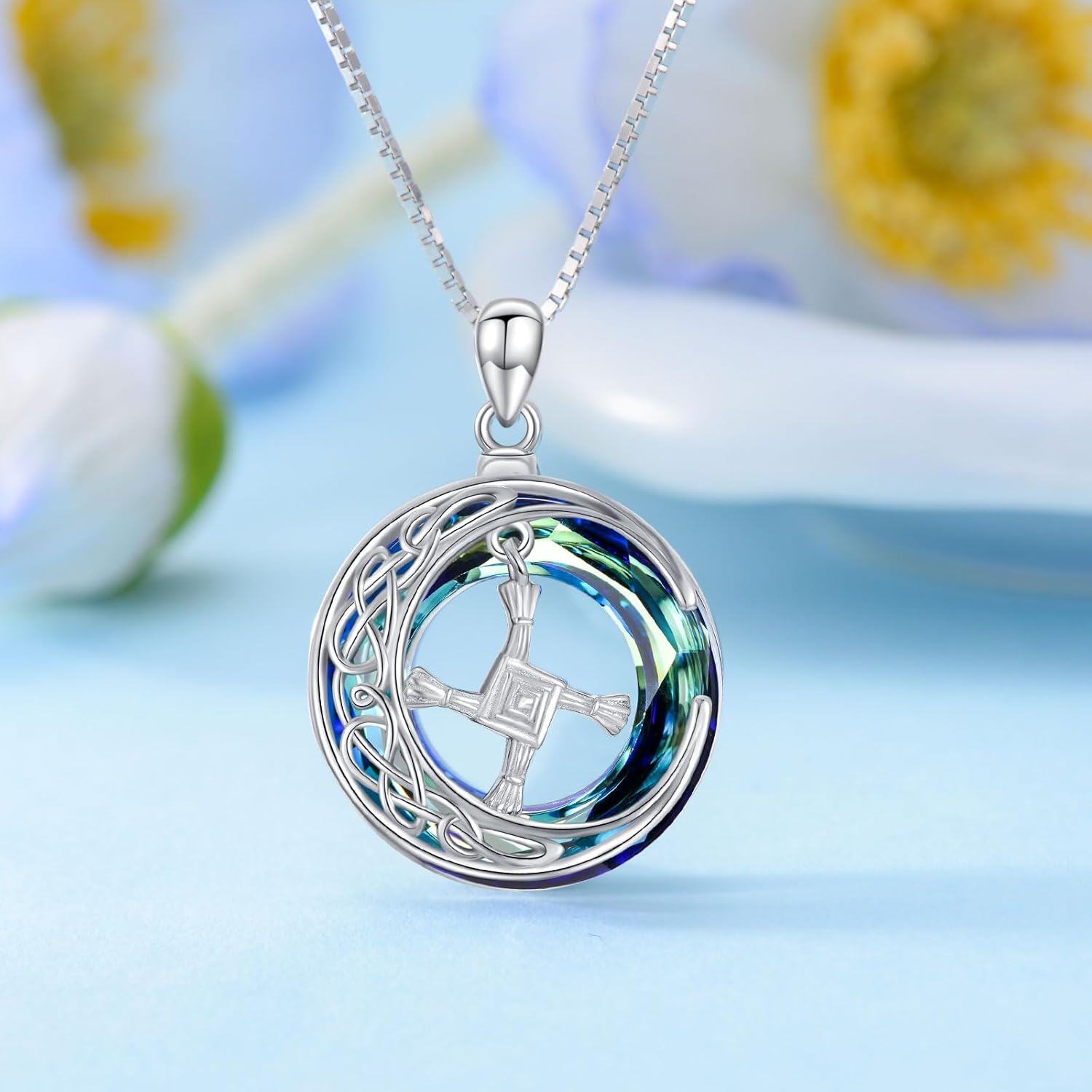 wholesale 925 Sterling Silver Celtic Knot & St Bridget's Cross Pendant Necklace with Blue Crystal Stone - Irish  for Her Him-0-1