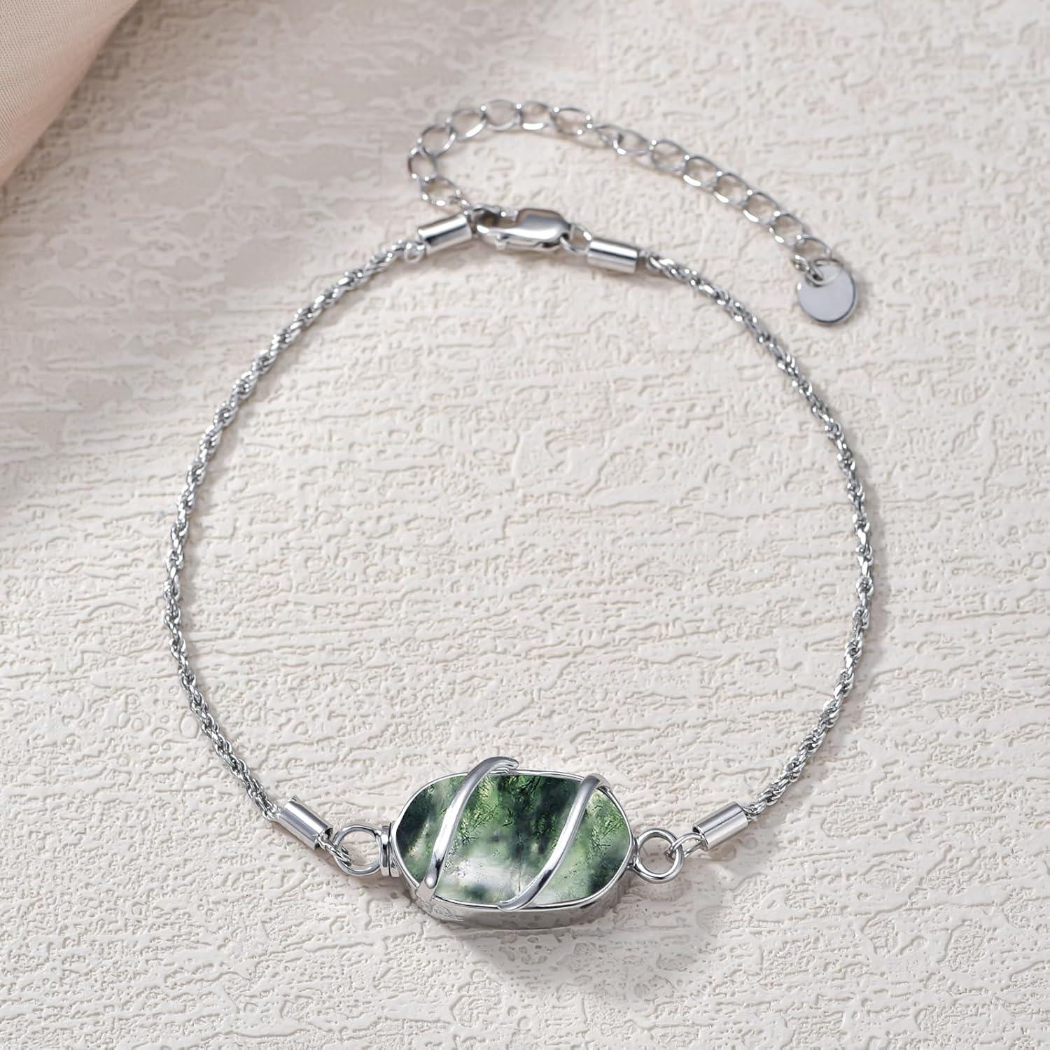 925 Sterling Silver Green Moss Agate Cremation Urn Bracelet for Ashes Memory s for Women-0-3