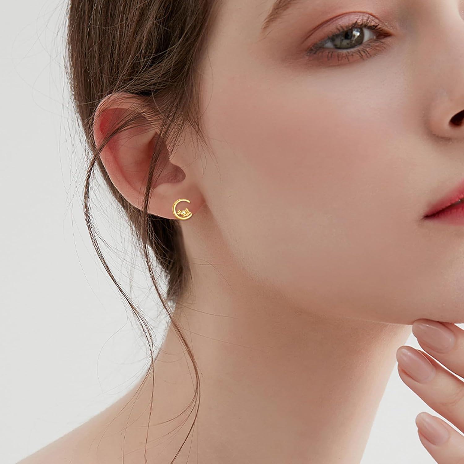 wholesale Gold 14K Moon Stud Earrings with Axolotl Design - Cute Animal Jewelry for Women-0-2