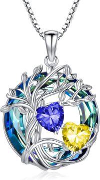 wholesale 18K White Gold Filled Sterling Silver Family Tree Pendant with 2 Heart Birthstones Blue Austrian Crystal Necklace for Women-09-11-Spet-Nov Birthstone