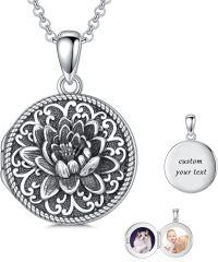 wholesale Sterling Silver Round Picture Locket Necklace Holds 2 Photos Jewelry Gift-Lotus Locket+Photo+Text-Lotus Locket Only