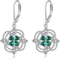 wholesale 925 Sterling Silver Celtic Knot Green Crystal Shamrock Leverback Drop Earrings-Four Leaf Clover
