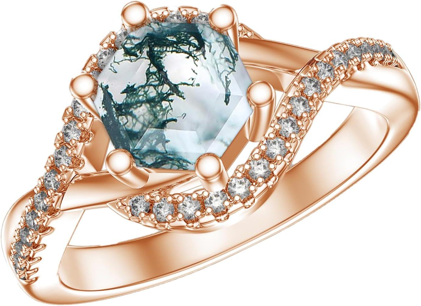 925 Sterling Silver Moss Agate  Engagement Ring for Women-0-0
