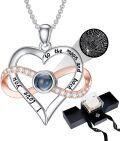 wholesale 18K White Gold Plated Silver & Moissanite 100 Languages Projection Heart Infinity Necklace with Real Rose Gift Box-0-0