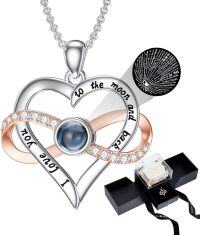 wholesale 18K White Gold Plated Silver & Moissanite 100 Languages Projection Heart Infinity Necklace with Real Rose Gift Box-A-Preserved White Real Rose