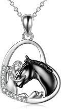 wholesale 925 Sterling Silver Black Enamel Horse & Girl Heart-Shaped Pendant Necklace w/ Cubic Zirconia Stones for Women-0-0