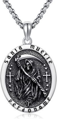 wholesale 925 Sterling Silver Grim Reaper Necklace w/ Oxidized Skull & Scythe Pendant - Mens Gothic s-B