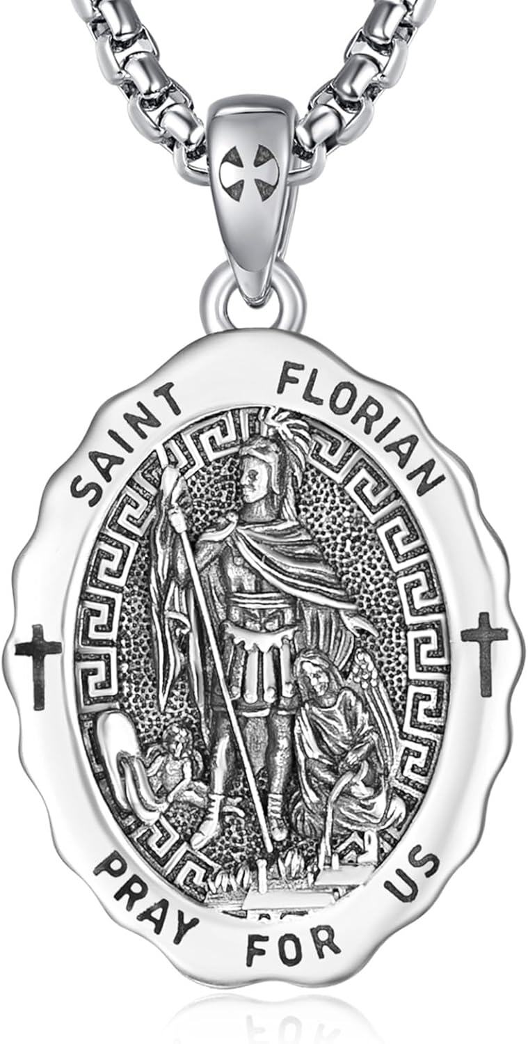 Sterling Silver Catholic Pendant Necklaces w 2 0mm Chain Patron Saint Medals Pray for Us Christian Jewelry Gifts-St-Florian
