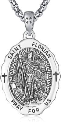 wholesale 925 Sterling Silver St. Florian Medal Necklace with Cross and Greek Key Design - Religious Gift for Men Women-St-Florian