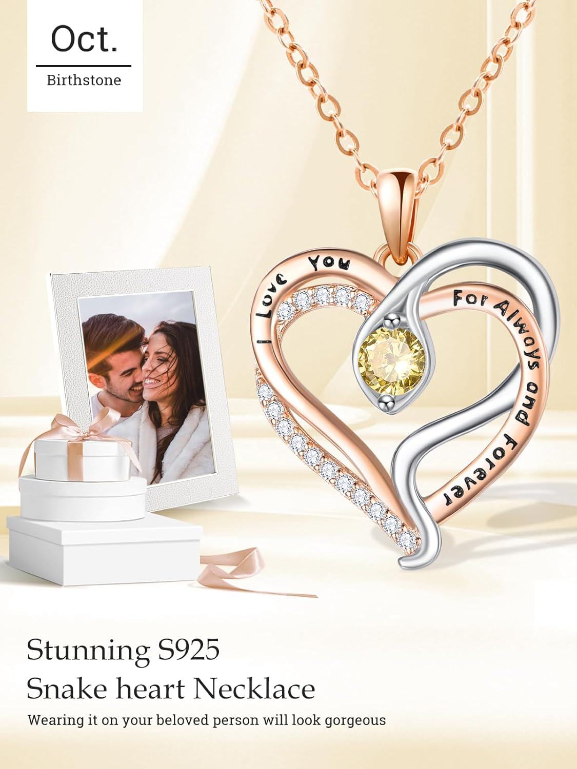 Sterling Silver Rose Gold Snake Pendant with Birthstone I Love You Always Forever Necklace Cute Animal Jewelry Gifts for Women-0-6