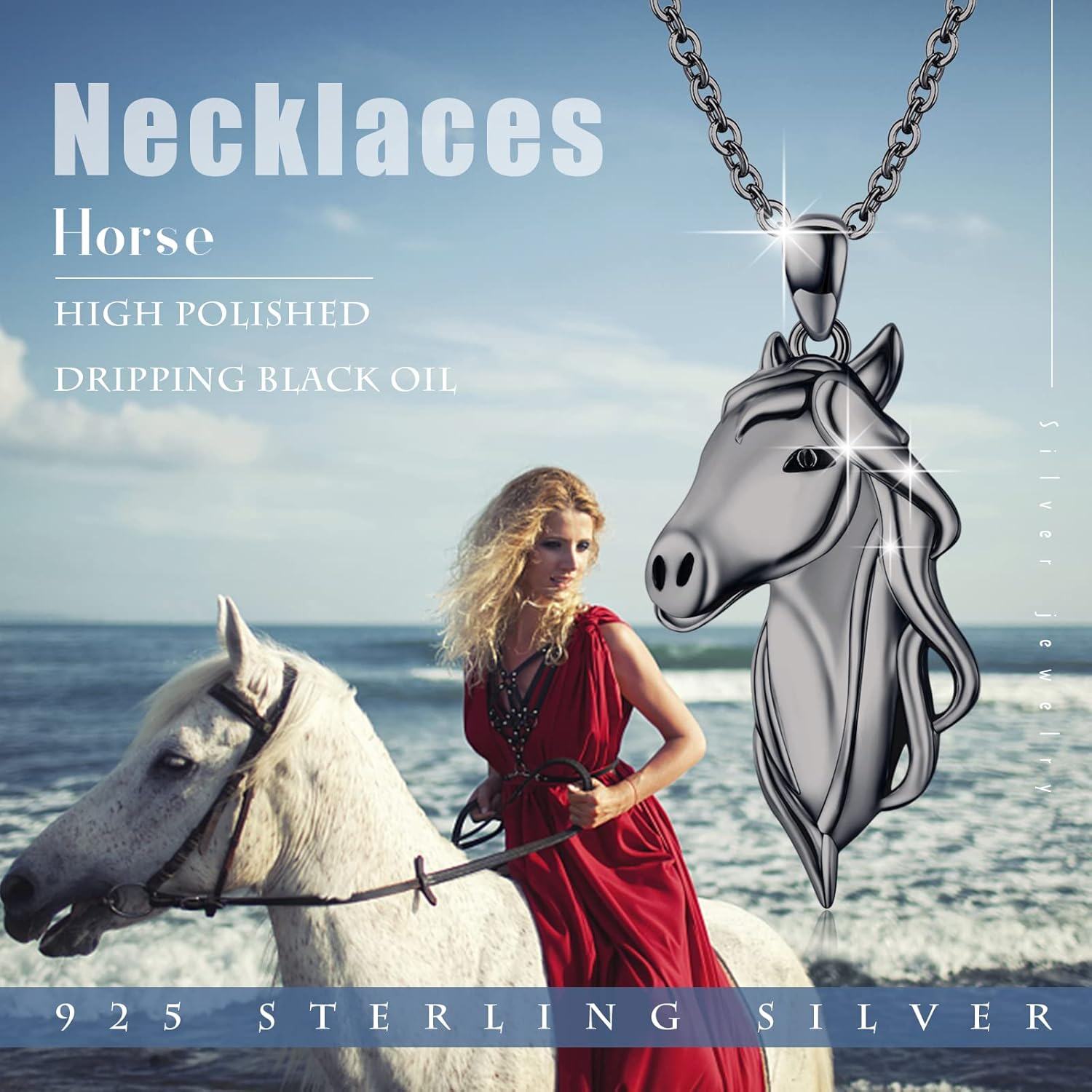 925 Sterling Silver Black Plated Horse Head with Clear CZ Stone Pendant Necklace for Women and Girls-0-5