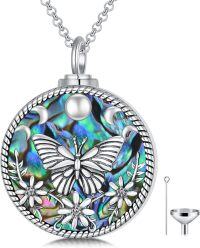 wholesale 925 Sterling Silver Abalone Shell Butterfly Floral Cremation Keepsake Pendant Necklace with Funnel and Fill Tool - Memorial Jewelry for Ashes (Medium)-Butterfly Urn-1-Butterfly Urn-1