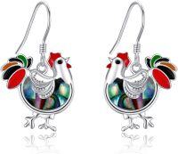 wholesale 925 Sterling Silver Rooster Dangle Earrings with Abalone Shell and Enamel Accents - Unique Animal Design Gifts for Her-Chicken