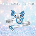 wholesale 925 Sterling Silver Blue Enamel Axolotl Heart-Shaped Stone Adjustable Ring Jewelry-0-5