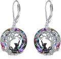 wholesale 925 Sterling Silver Tree of Life Cat Earrings with Rainbow Crystal and Black Stone Leverback Earings Gift for Her-0-0