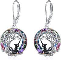 wholesale 925 Sterling Silver Tree of Life Cat Earrings with Rainbow Crystal and Black Stone Leverback Earings Gift for Her-Black Cat Tree Purple Crystal