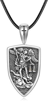 wholesale 925 Sterling Silver St. Michael Archangel Shield Cross Pendant Necklace w/ Black Onyx Stone-Saint Michael-Shield