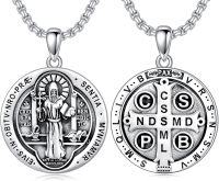 wholesale 925 Sterling Silver Saint Michael and Saint Christopher Pendant with Archangel Cross on 34+2 Extender Chain for Men Women -E01-Saint Benedict (Silver)