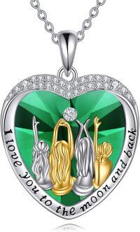 wholesale 925 Sterling Silver Heart-Shaped Green Crystal Pendant with 3 Sisters Design Necklaces Gifts for Women Girls Mother's Day Jewelry-4 Sisters-I love you to the moon and back