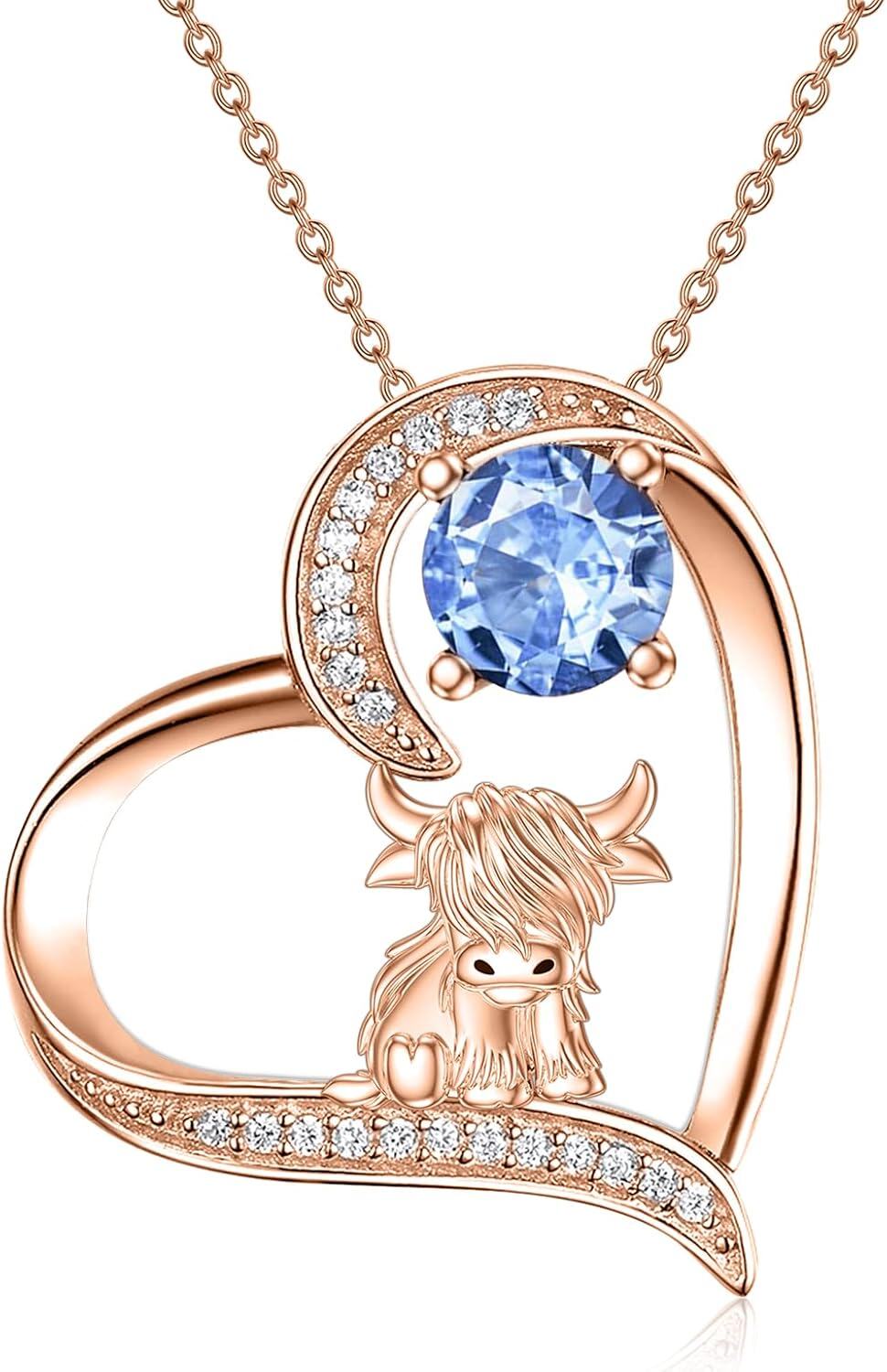 Sterling Silver Highland Cow Birthstone Necklace Jewelry Gifts for Women Girls-2-03--2-03-