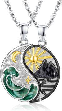 wholesale 925 Sterling Silver Yin Yang Pendant Necklaces with Malachite and Obsidian Stones for Couples or Best Friends Forever (BFF)-08-Gemstone(Malachite+Snowflake Obsidian)