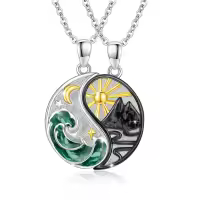 wholesale 925 Sterling Silver Yin Yang Pendant Necklaces Wholesale with Malachite and Obsidian Stones for Couples or Best Friends Forever (BFF)-08-Gemstone(Malachite+Snowflake Obsidian)