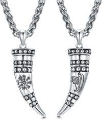 wholesale 925 Sterling Silver Viking Horn Pendant Necklace s for Men - Norse Nordic Style Jewelry with Braided Chain and Rune Symbols (Length: 60cm)-D01-Viking Horn