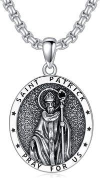 wholesale 925 Sterling Silver St. Patrick Medal Necklace with Oxidized Vintage Finish - Hypoallergenic Religious Pendant for Men/Women - Adjustable 20+2 Chain - Gift Box Included-G-St Patrick-Silver