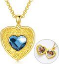 wholesale Gold 925 Sterling Silver Blue Crystal Heart Photo Locket Pendant Necklace for Women Girls  45cm Chain Length-0-0