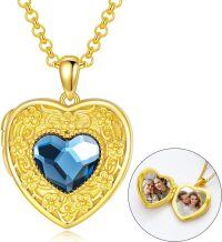 wholesale Gold 925 Sterling Silver Blue Crystal Heart Photo Locket Pendant Necklace for Women Girls  45cm Chain Length-Cherry blossoms-18K Gold Plated Silver