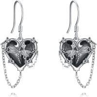wholesale 925 Sterling Silver Gothic Dragonfly & Black Stone Witch's Heart Drop Earrings-A-Dragonfly
