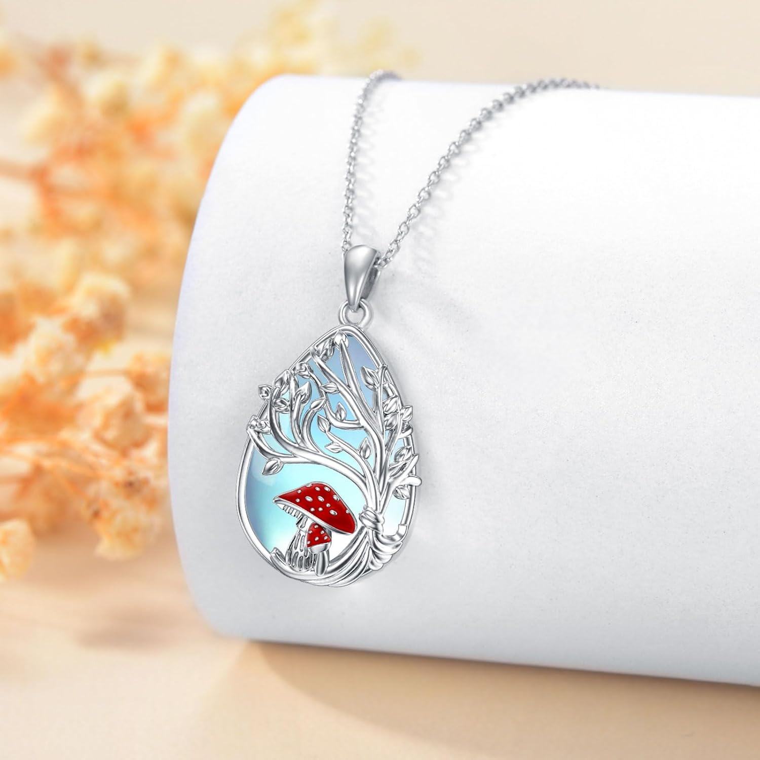wholesale 925 Sterling Silver Red Enamel Mushroom Tree of Life Pendant Necklace for Women-0-3