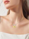 wholesale 925 Sterling Silver Plated Gold Sunflower Necklace with Black Cubic Zirconia Center and Leaf Design - Elegant Gift for Women-0-2