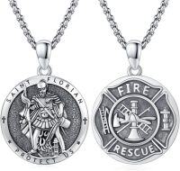wholesale 925 Sterling Silver Saint Florian Firefighter Medal Pendant Necklace for Men Dad Gift-Silver
