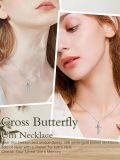 wholesale 925 Sterling Silver White Gold Plated Butterfly Cross Urn Necklace w Birthstone for Ashes Memorial Jewelry-0-1