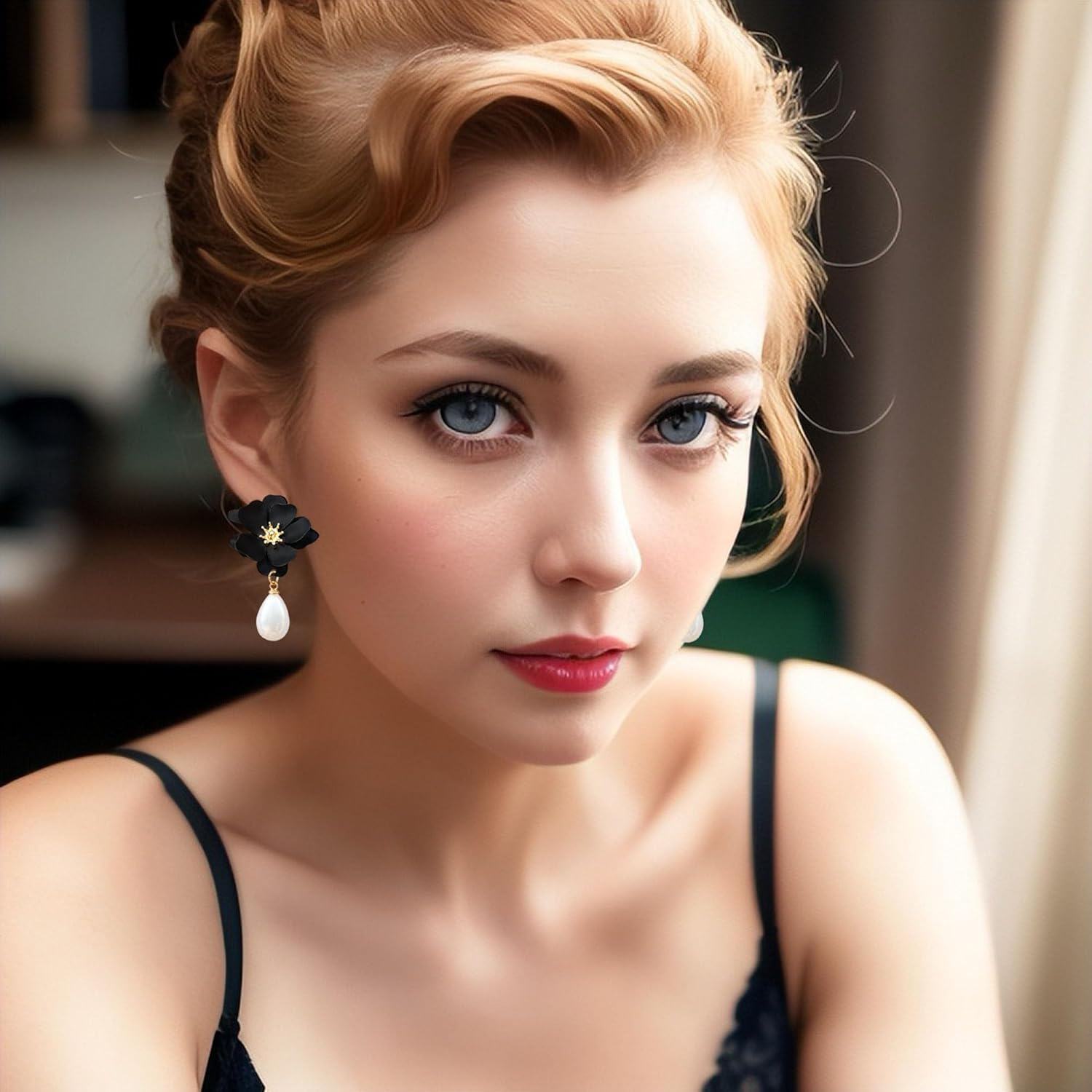 wholesale Pearl Bohemian Flower Earrings - Black Petal Studs with White Pearls for Women-0-1