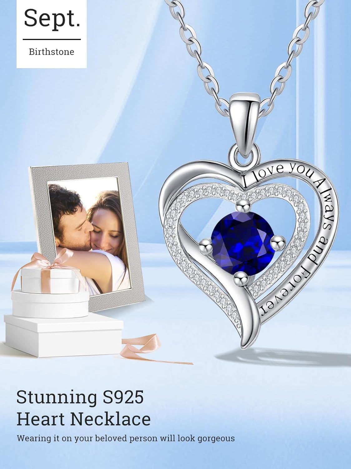 Sterling Silver White Gold Heart Pendant Necklace w Birthstone for Women-0-4
