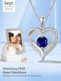 wholesale Sterling Silver White Gold Heart Pendant Necklace w Birthstone for Women-0-3