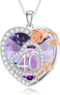 wholesale 925 Sterling Silver Purple Crystal Rose Heart Pendant Necklaces for 40th Birthday Gift Ideas for Her-40th Birthday Necklace