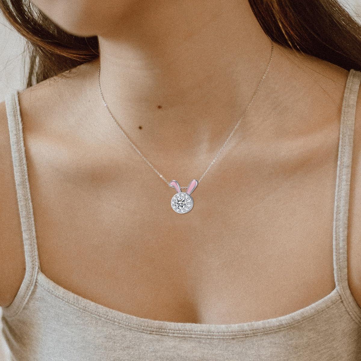 wholesale 925 Sterling Silver Pink Enamel Rabbit Pendant Necklace with Cubic Zirconia for Women 18 + Extender Chain-0-3