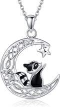 wholesale 925 Sterling Silver Black Enamel Raccoon on Crescent Moon Star Charm Pendant Necklace-0-0