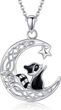 wholesale 925 Sterling Silver Black Enamel Raccoon on Crescent Moon Star Charm Pendant Necklace-Silver