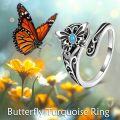 wholesale Sterling Silver Turquoise Butterfly Adjustable Open Ring for Women-0-5