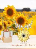 wholesale 925 Sterling Silver Plated Gold Sunflower Necklace with Black Cubic Zirconia Center and Leaf Design - Elegant Gift for Women-0-3