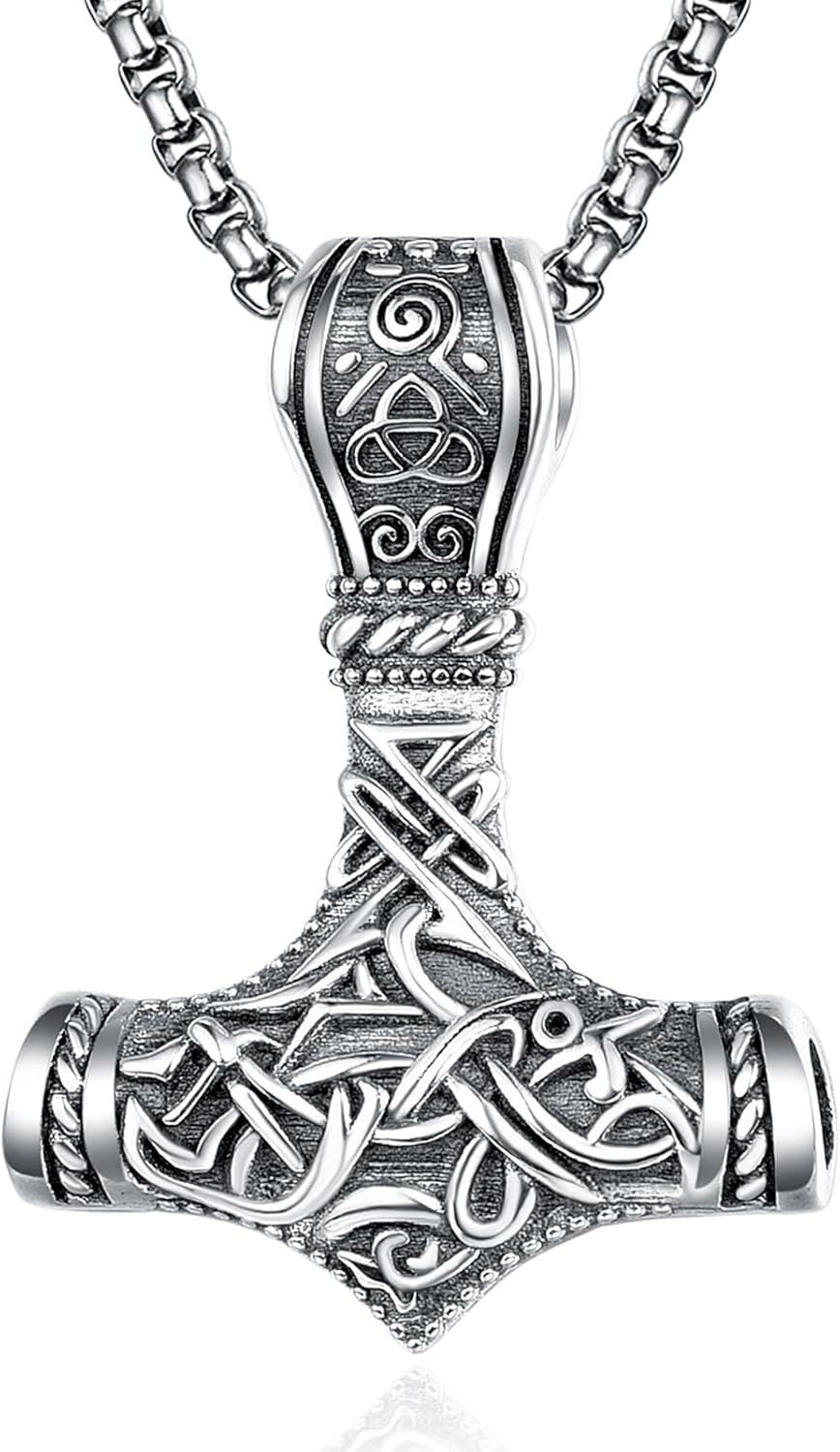 925 Sterling Silver Viking Mjolnir Hammer Pendant Necklace with 28 Rolo Chain for Men-0-0