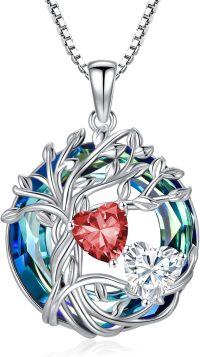wholesale 18K White Gold Filled Sterling Silver Family Tree Pendant with 2 Heart Birthstones Blue Austrian Crystal Necklace for Women-01-04-Jan-Apr Birthstone