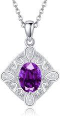 wholesale 925 Sterling Silver Purple Crystal Geometric Pendant Necklace with Chain-0-0