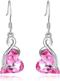 wholesale 925 Sterling Silver Pink Crystal Heart Dangle Drop Earrings for Women Gifts-Pink