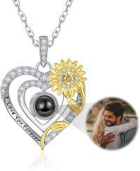 wholesale Sterling Silver 2 Birthstones Sunflower Heart Necklace for Women-Projection Stone